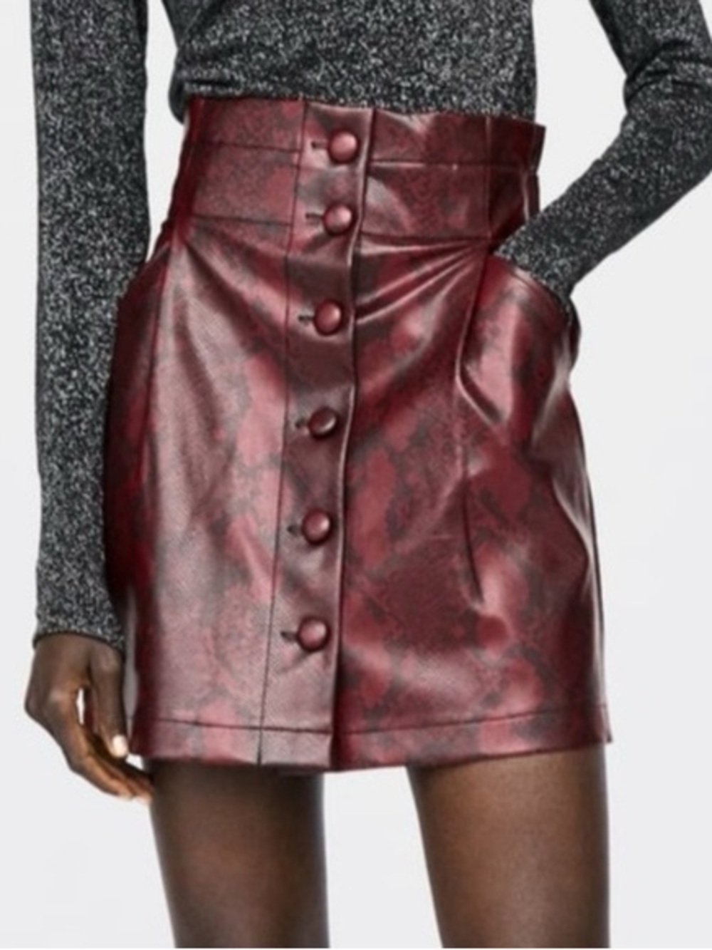 Zara| Red & Black Faux Leather Snakeskin Print Button-Front Mini Skirt Sz S